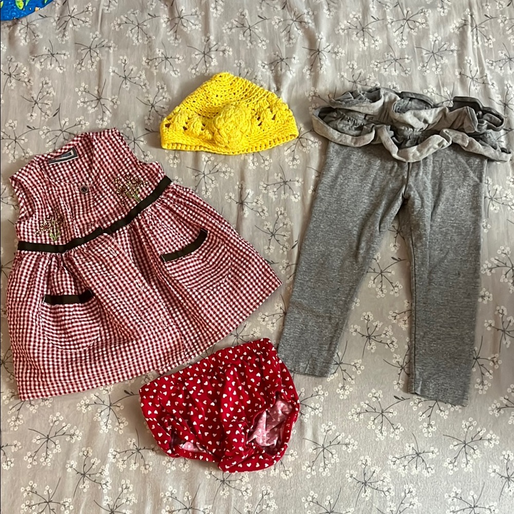 Red Checkered Dress Set with Gray Leggings and Yellow Hat